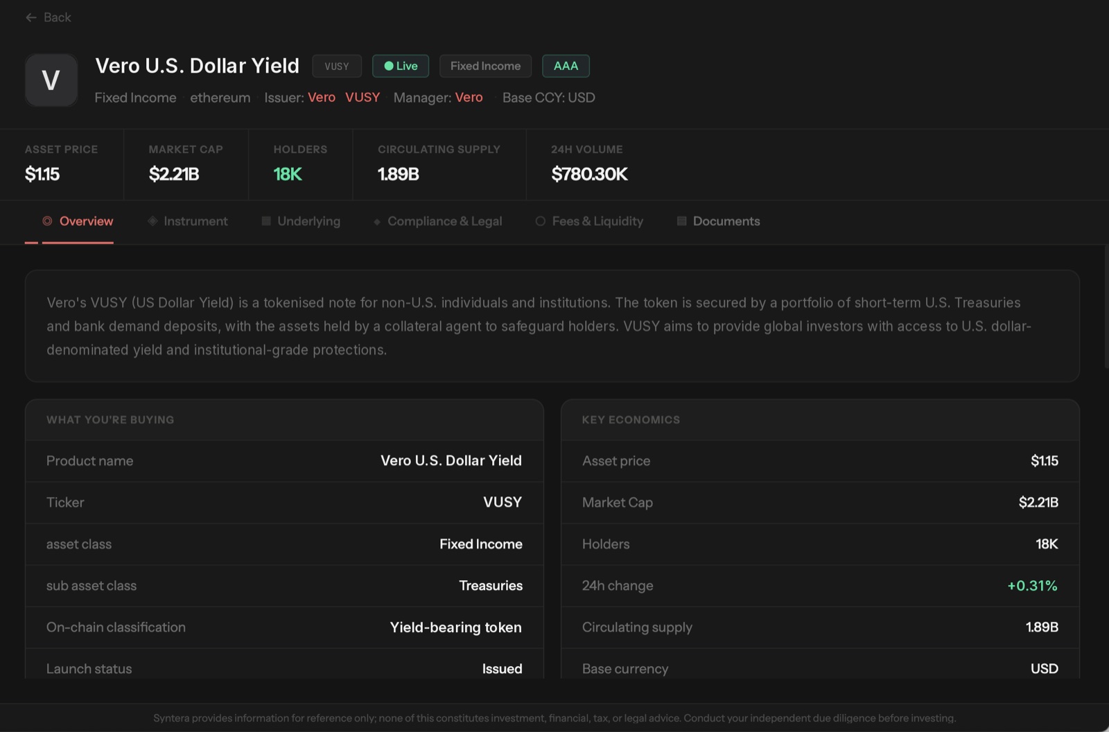 Syntera App asset page for Vero U.S. Dollar Yield with key economics and due diligence tabs